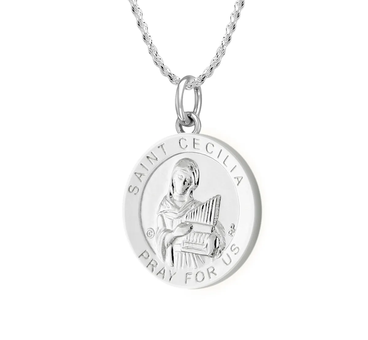 Ladies 925 Sterling Silver 18.5mm Polished Saint Cecilia Medal Pendant Necklace