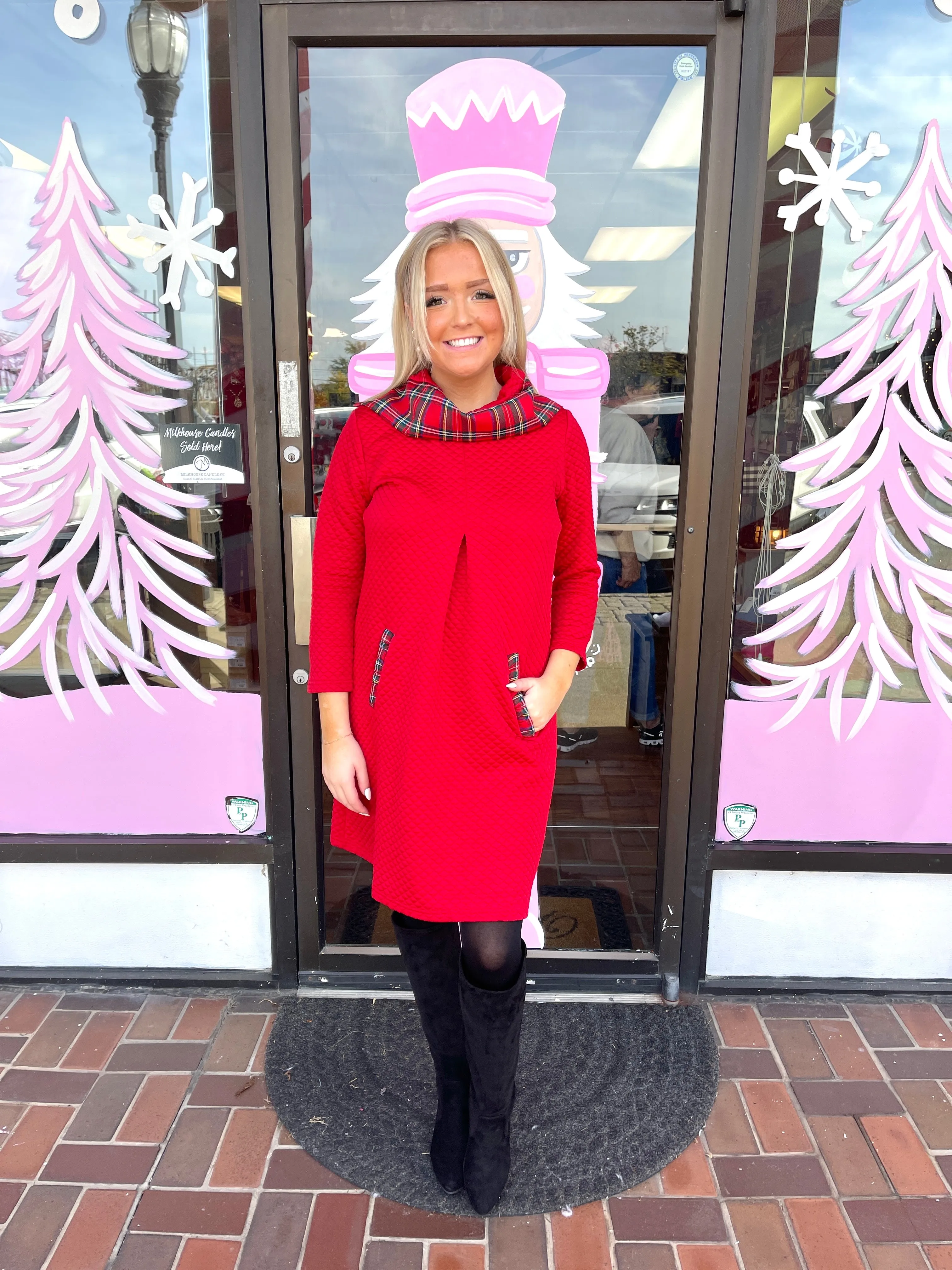 Ladies Christmas Red Quilted Dress With Plaid Trim