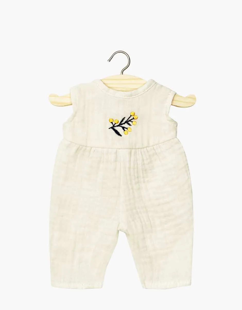 Linda long jumpsuit in ecru double gauze and its Mimosa embroidery