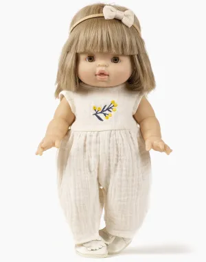 Linda long jumpsuit in ecru double gauze and its Mimosa embroidery