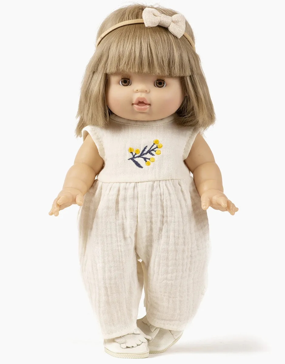 Linda long jumpsuit in ecru double gauze and its Mimosa embroidery