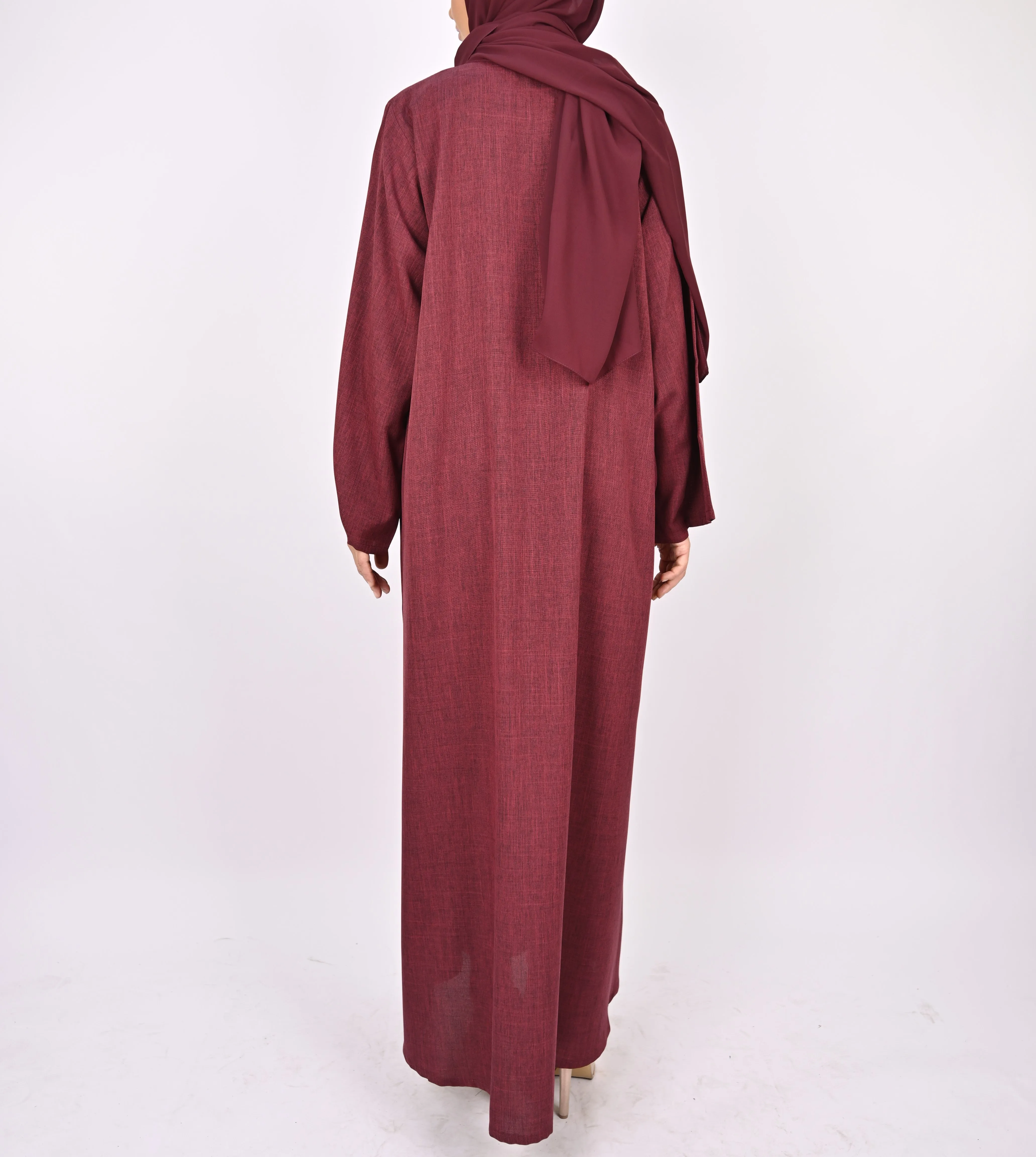 Linen Blend Front Zip Abaya -Maroon