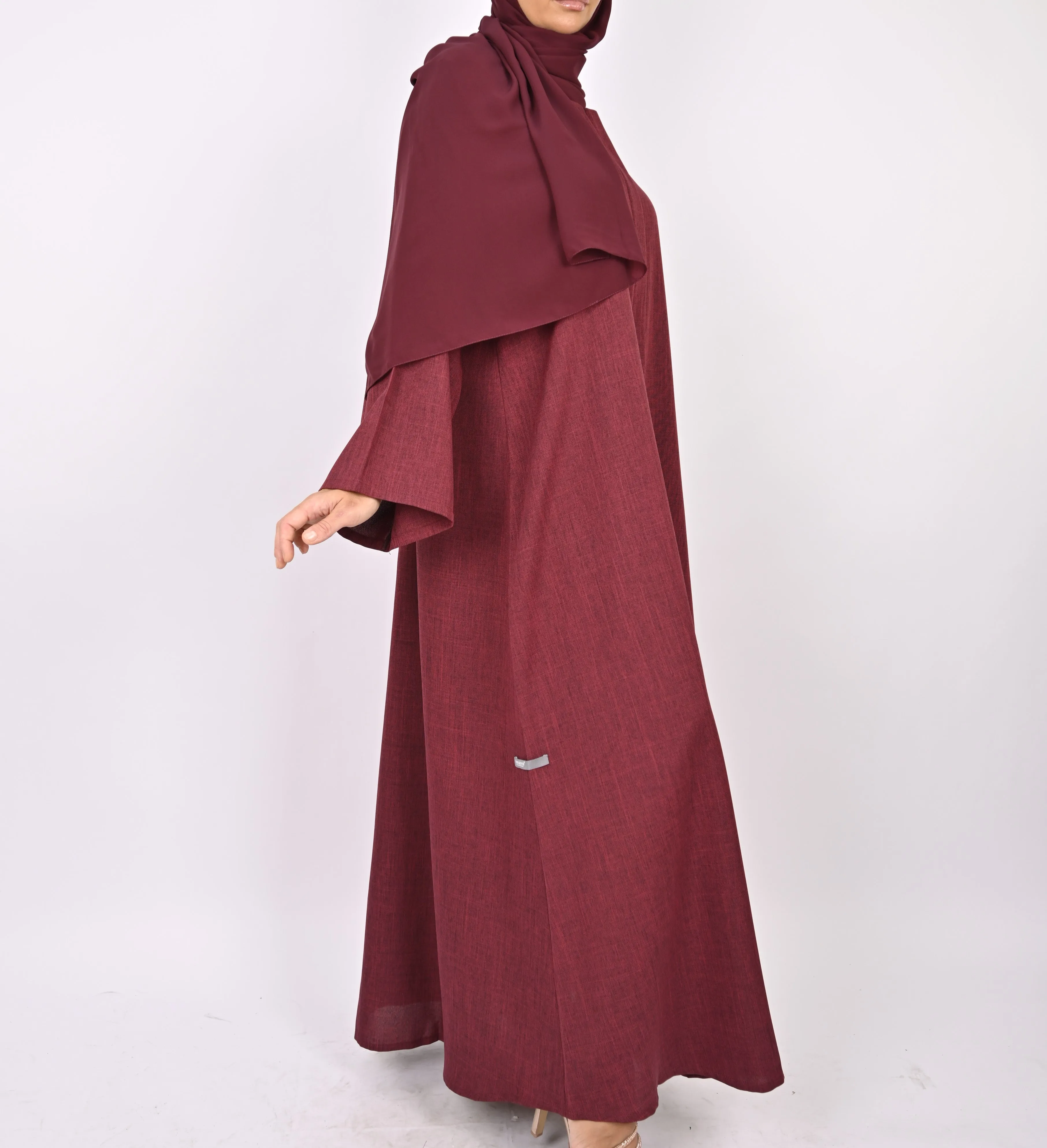 Linen Blend Front Zip Abaya -Maroon