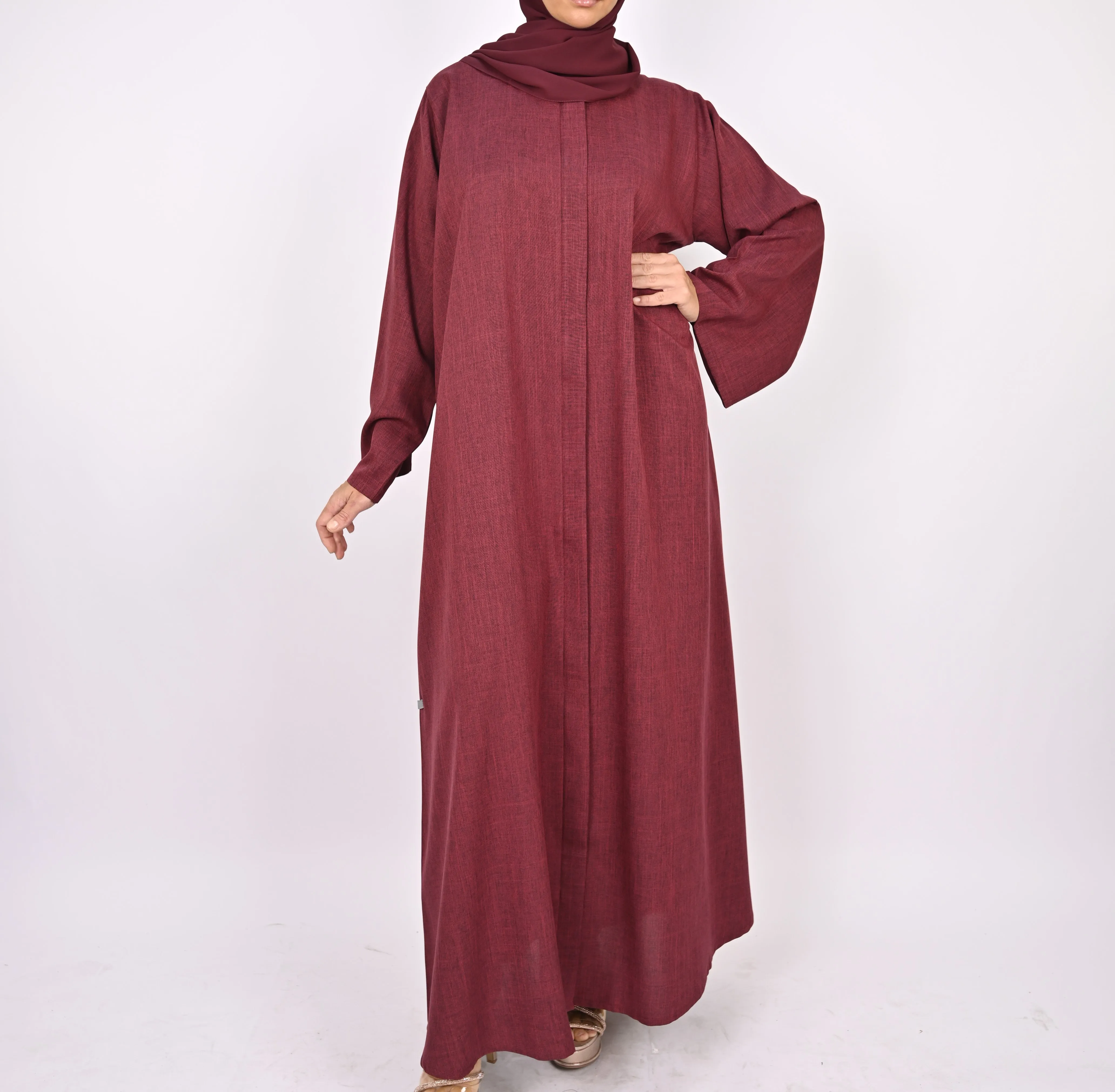 Linen Blend Front Zip Abaya -Maroon