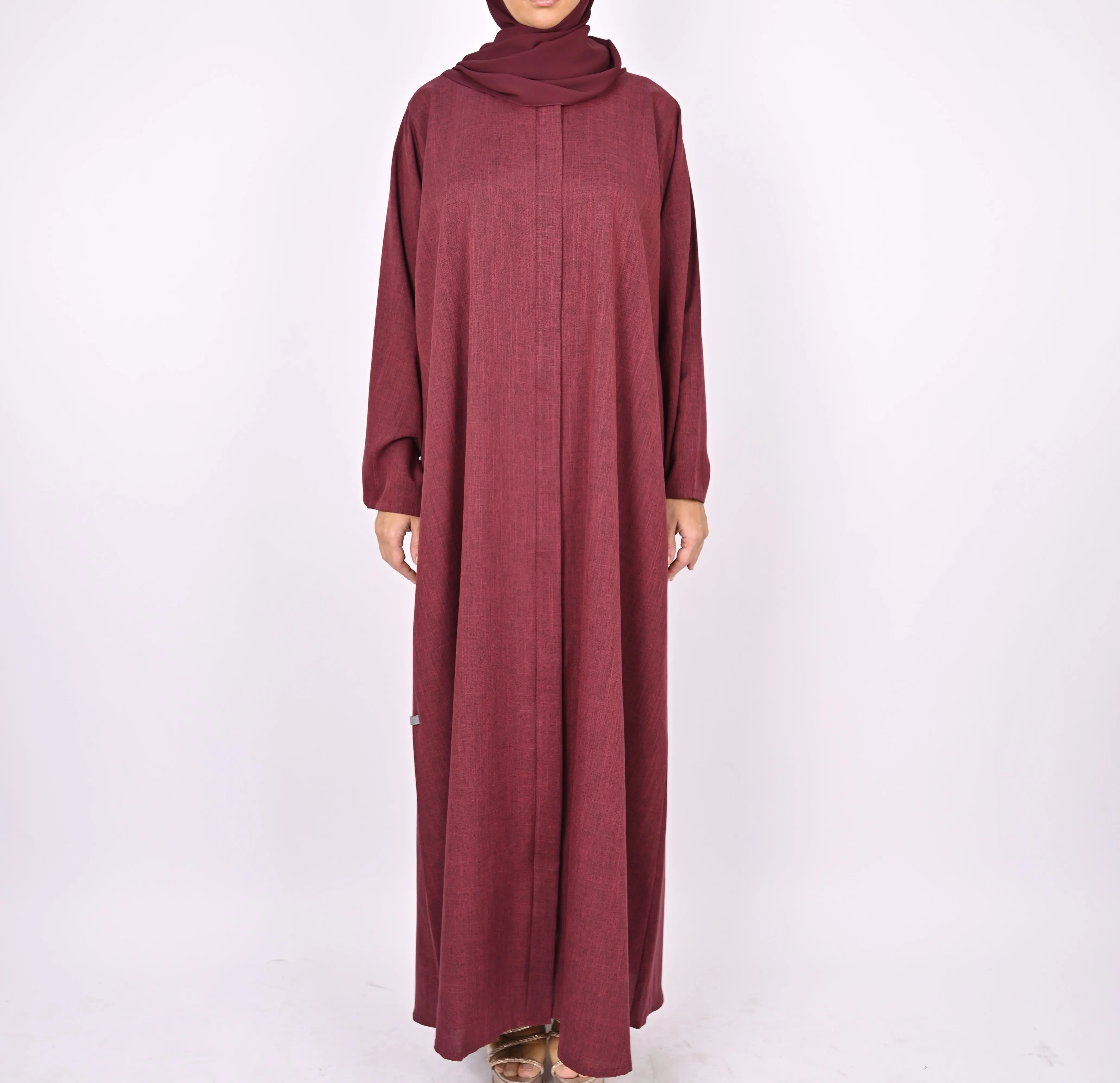 Linen Blend Front Zip Abaya -Maroon