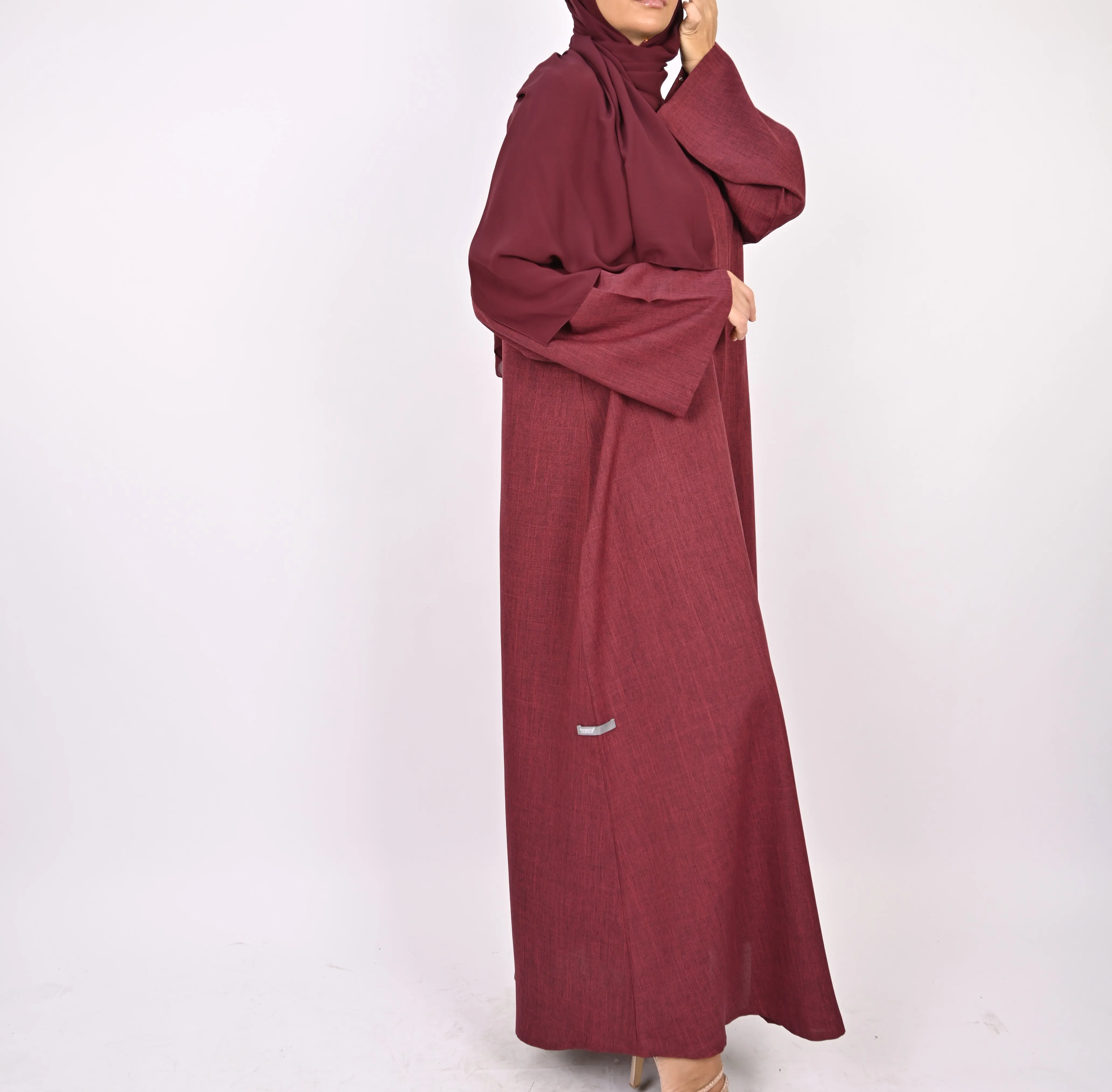 Linen Blend Front Zip Abaya -Maroon
