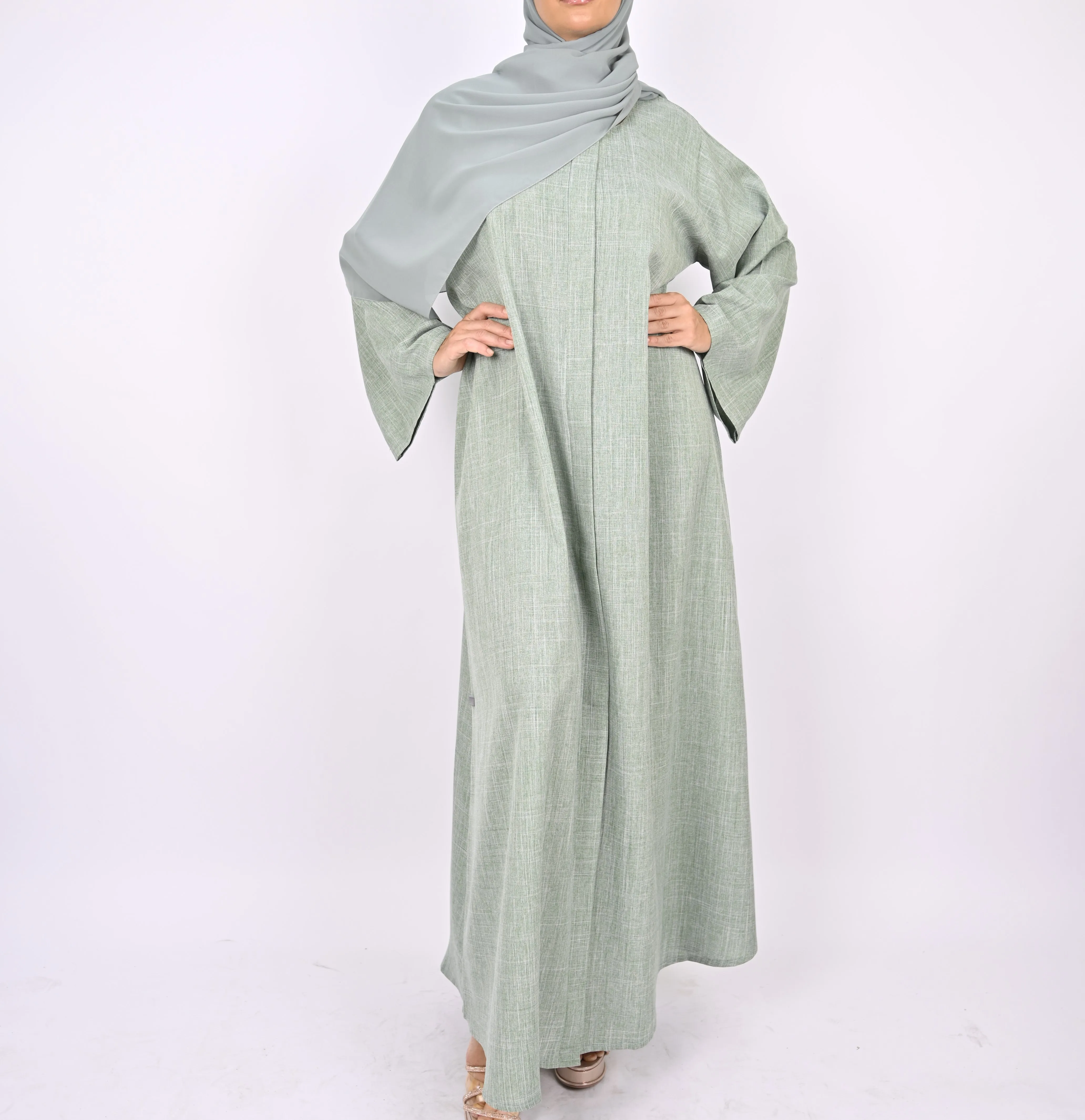 Linen Blend Front Zip Abaya - Mint