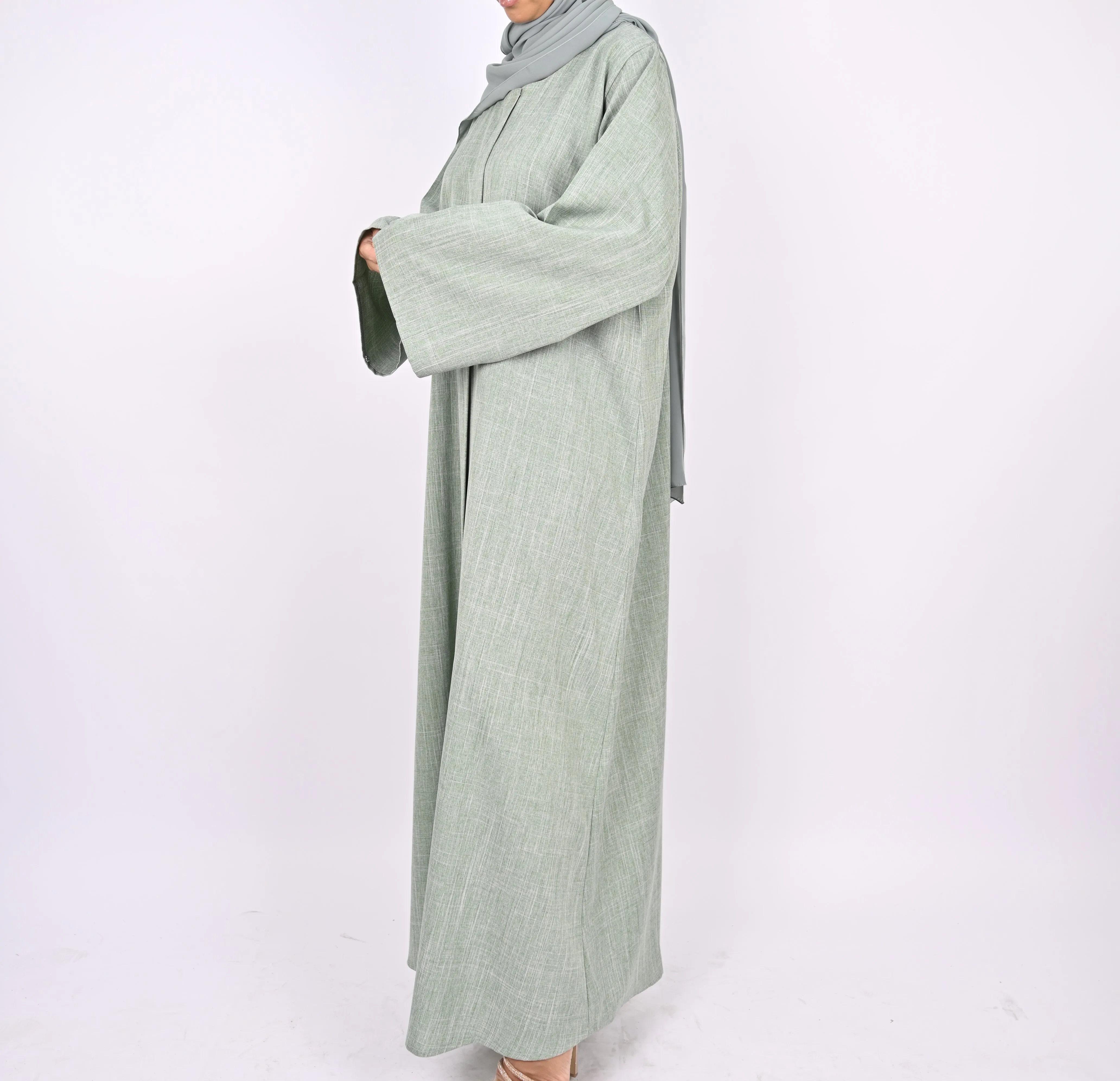 Linen Blend Front Zip Abaya - Mint