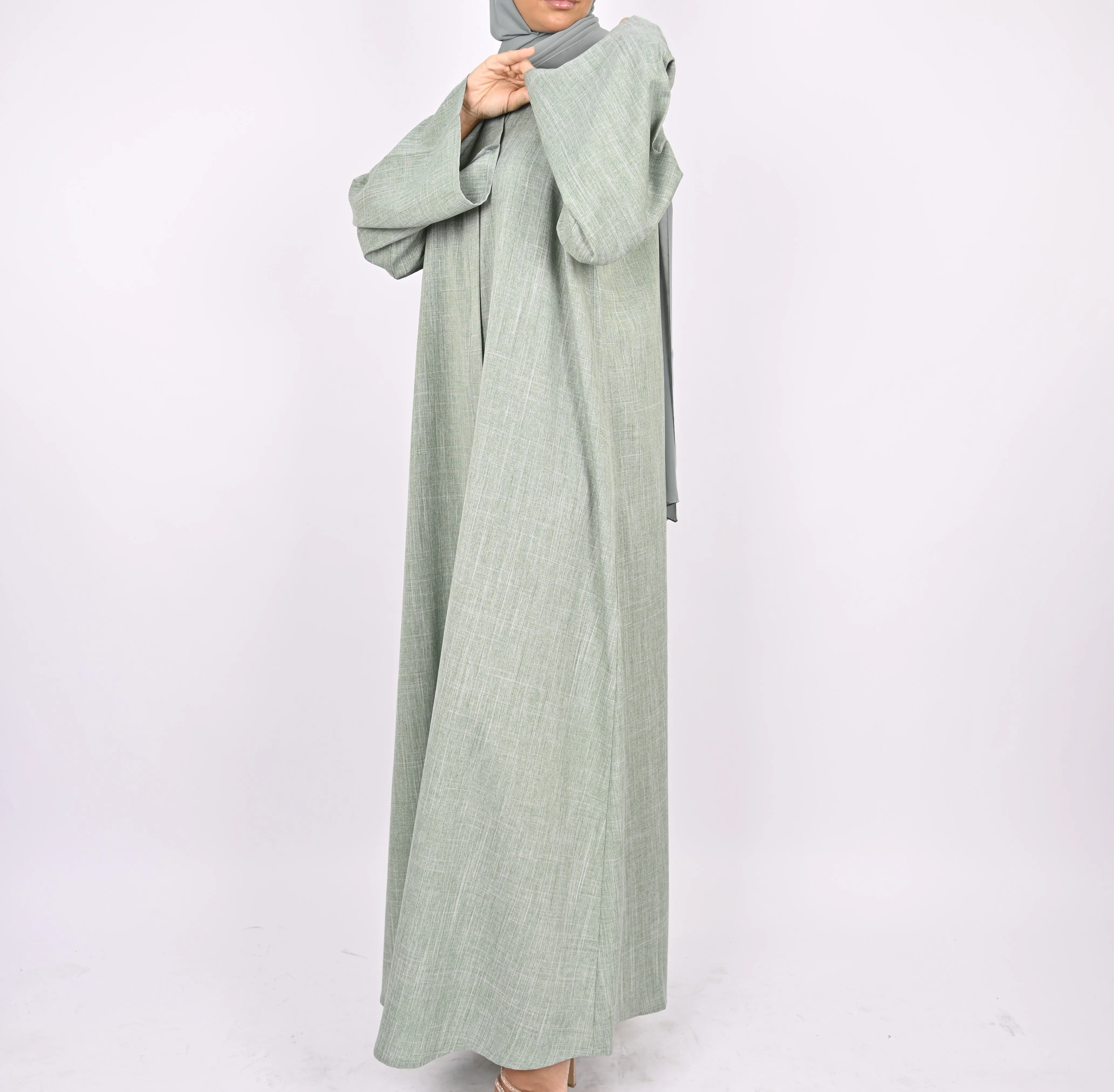 Linen Blend Front Zip Abaya - Mint