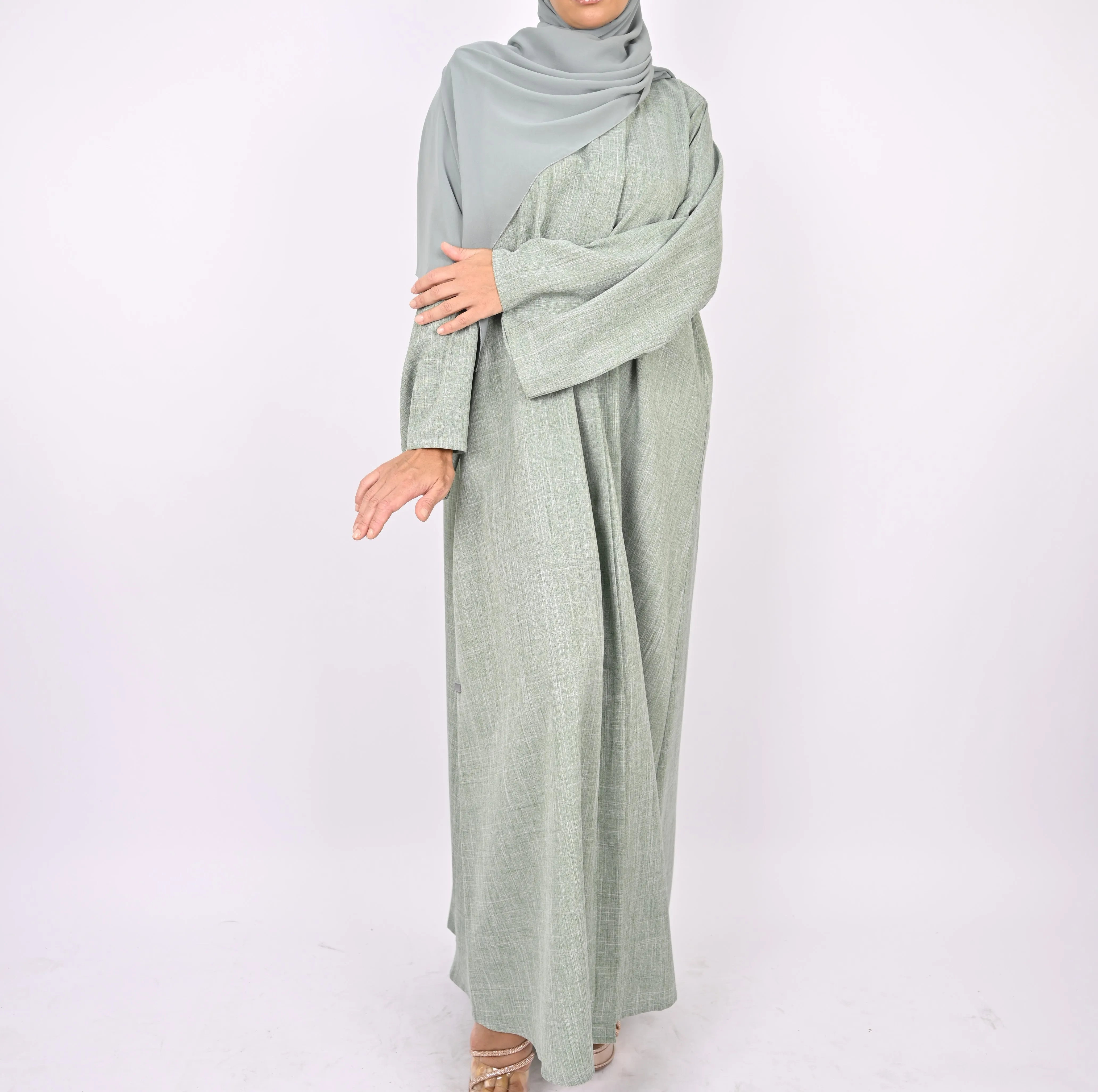 Linen Blend Front Zip Abaya - Mint