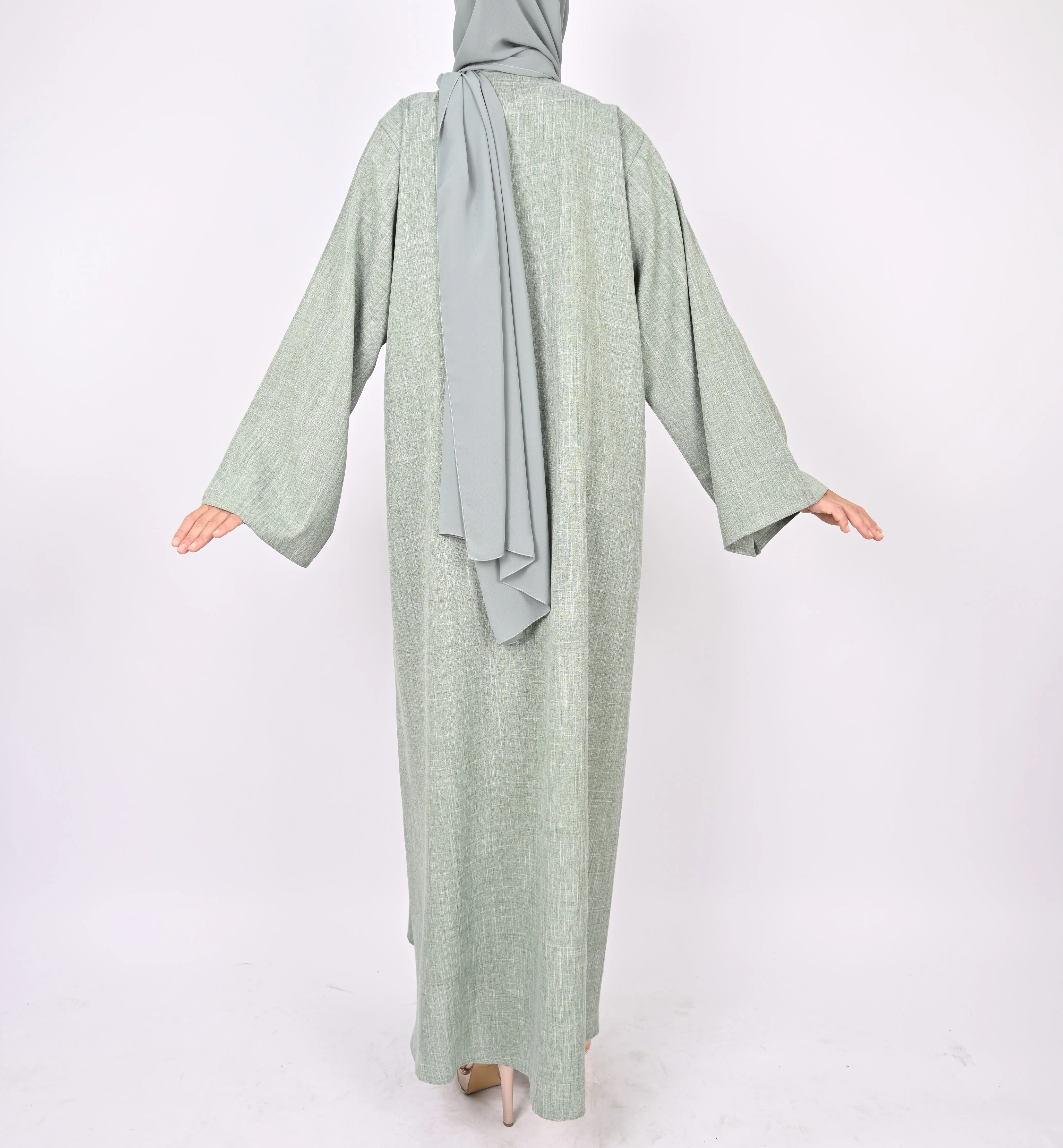 Linen Blend Front Zip Abaya - Mint