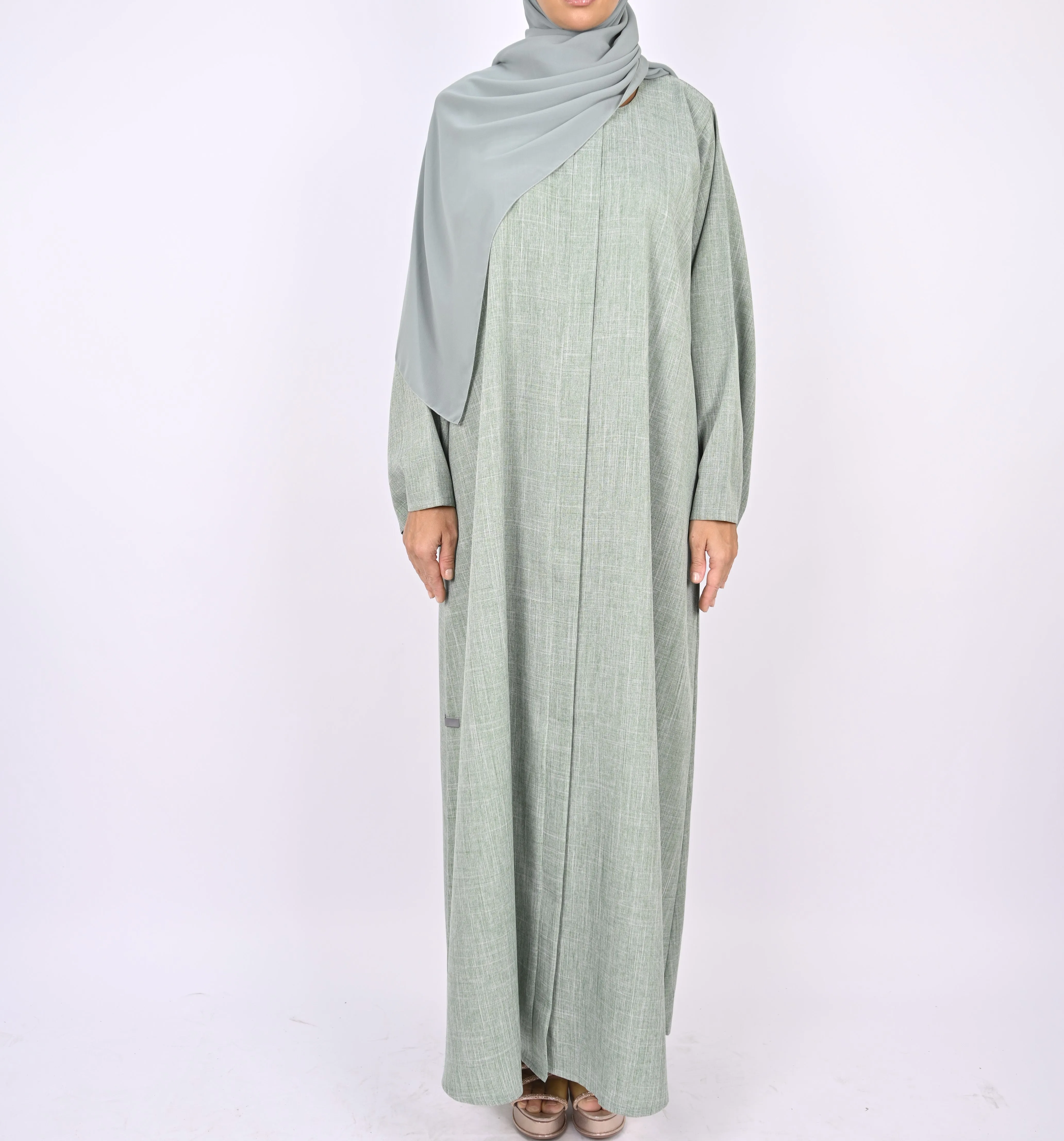 Linen Blend Front Zip Abaya - Mint
