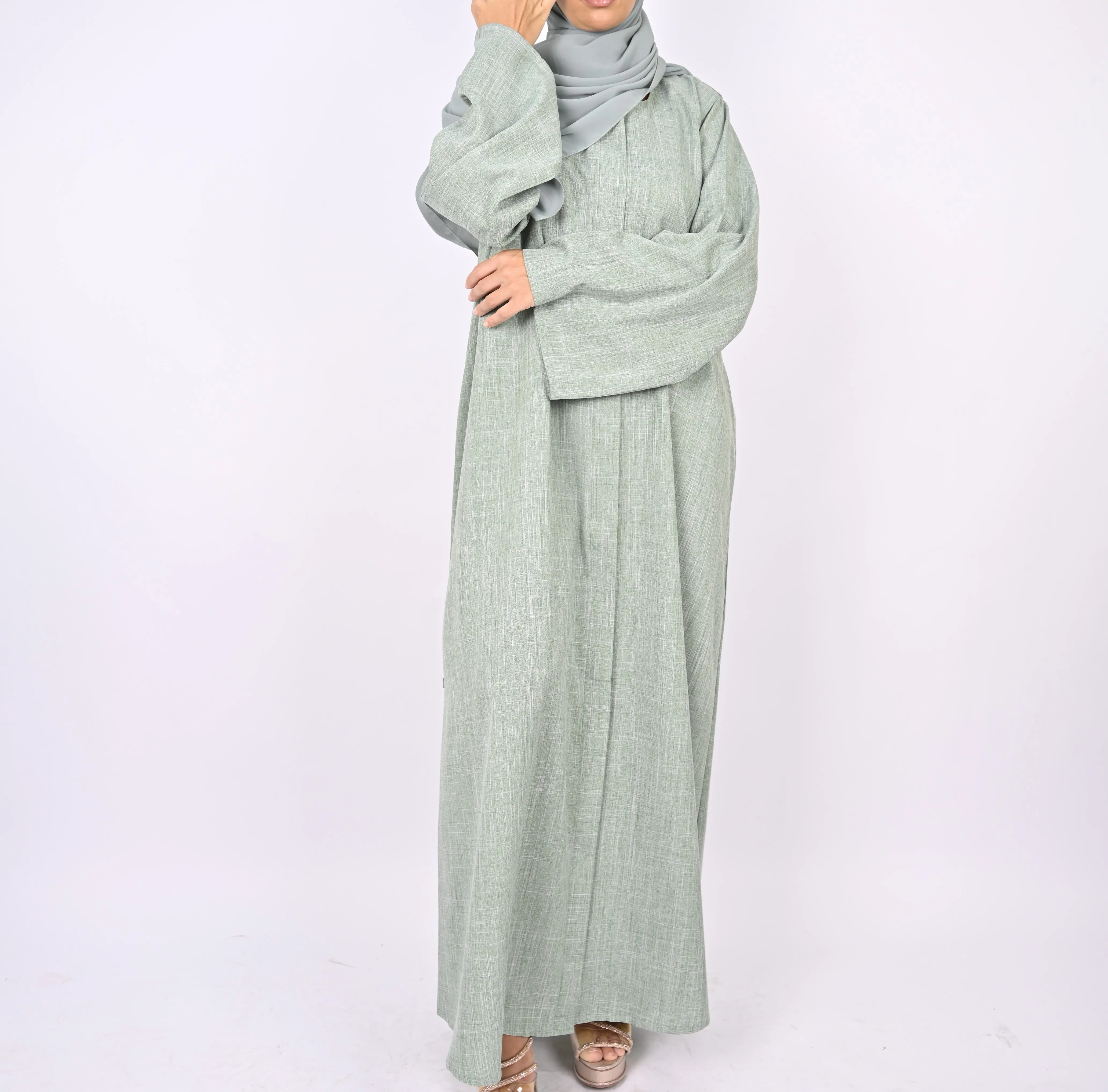 Linen Blend Front Zip Abaya - Mint