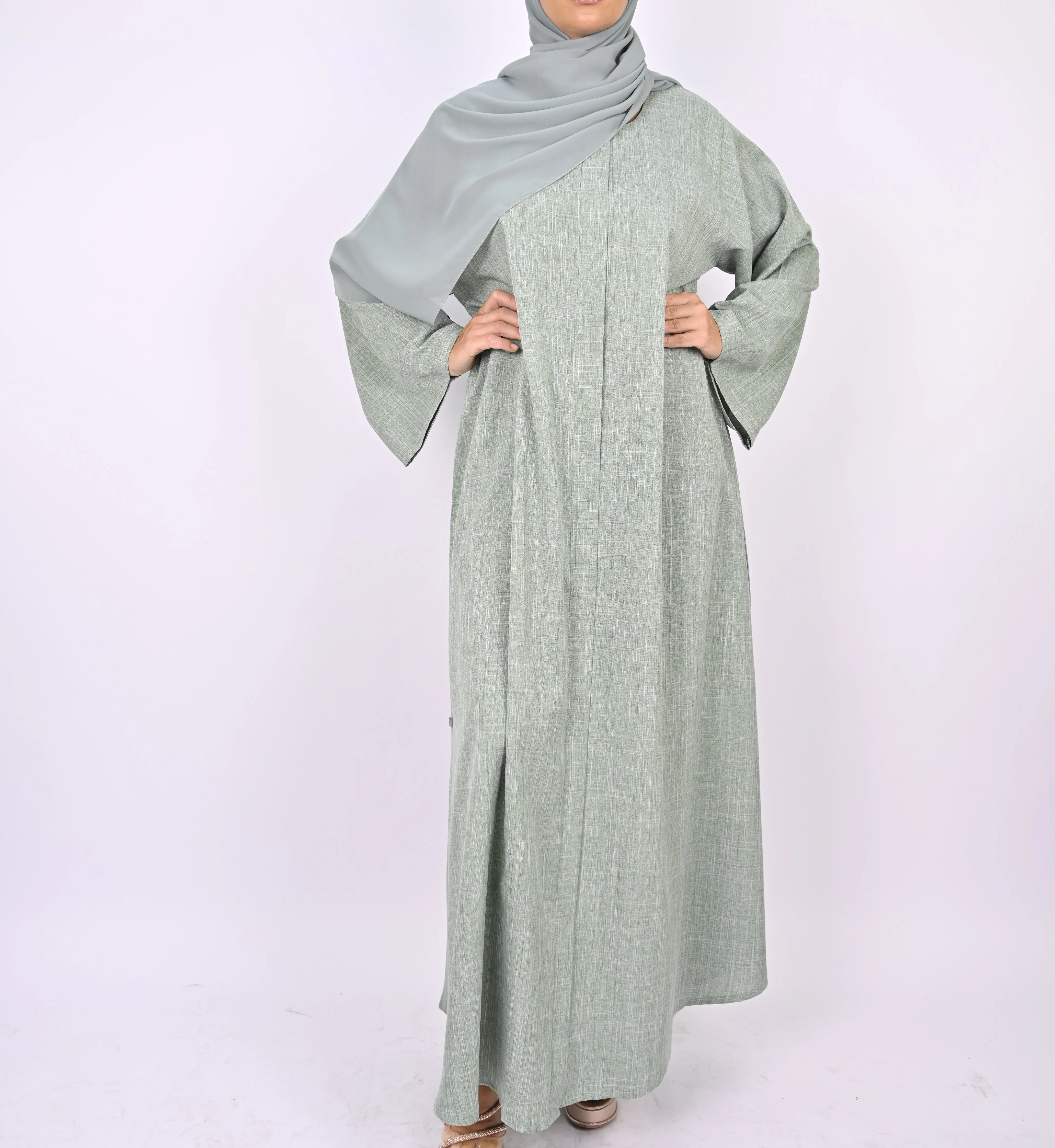 Linen Blend Front Zip Abaya - Mint