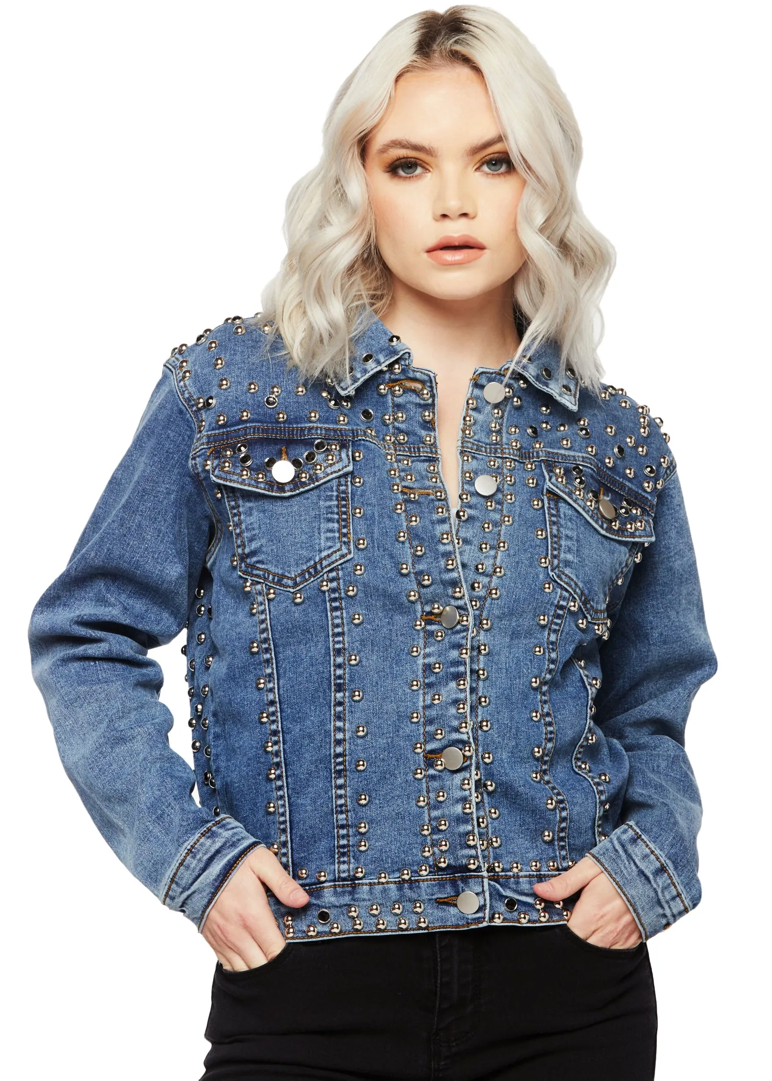 Livin' on the Edge Studded Denim Jacket with Faux Gem Accents