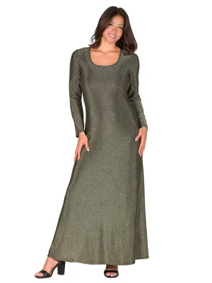Long Sleeve Scoop Neck Shimmery Fabric Maxi Dress