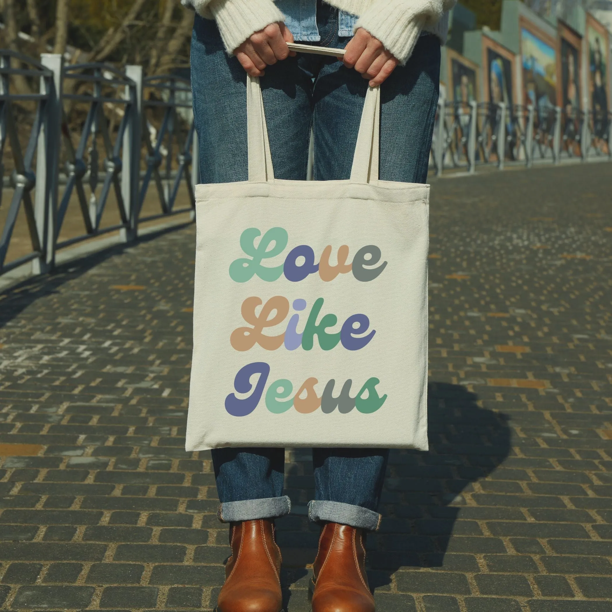 Love Like Jesus Tote Bag in Groovy Blues
