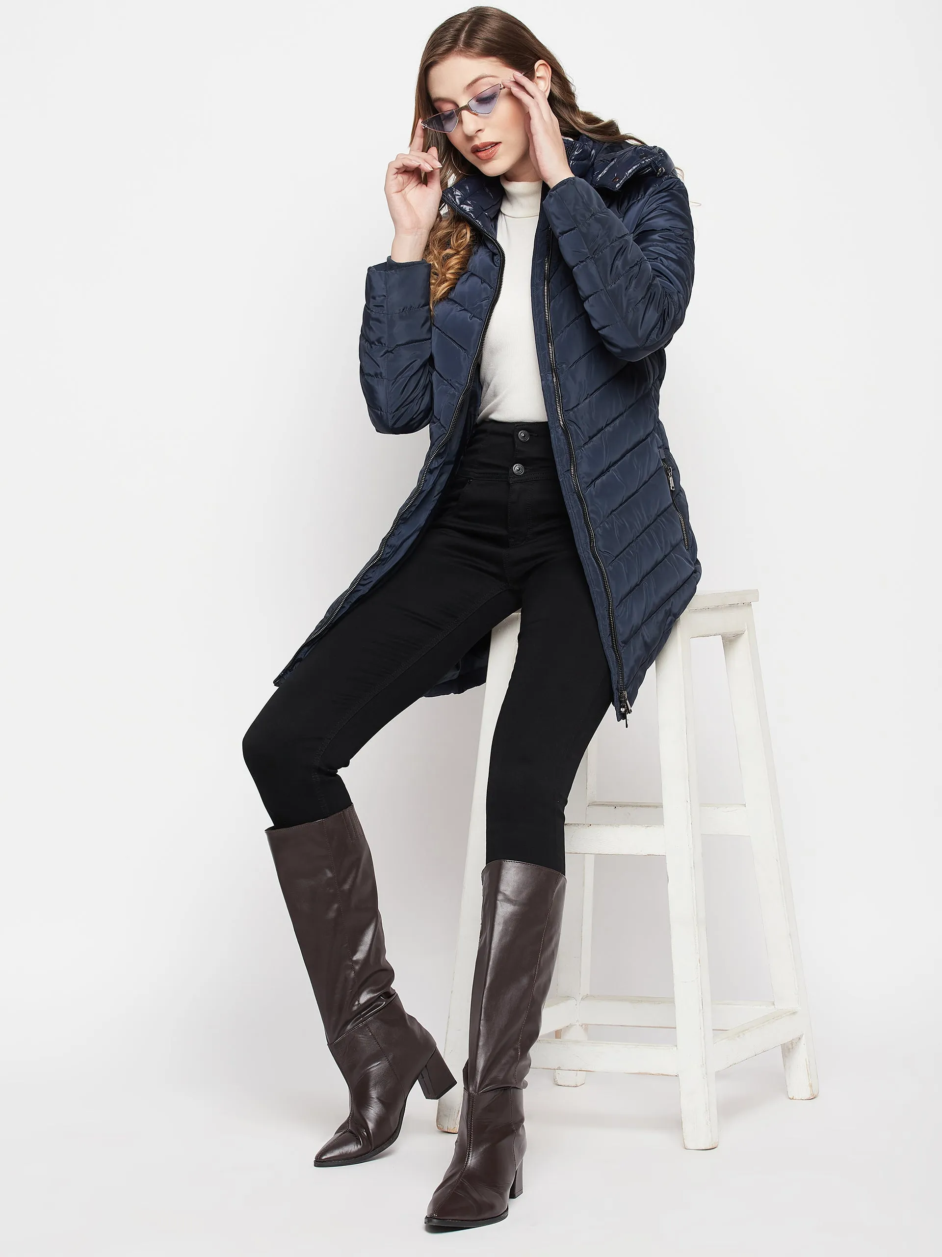 Madame Navy Blue Quilted Long Jacket