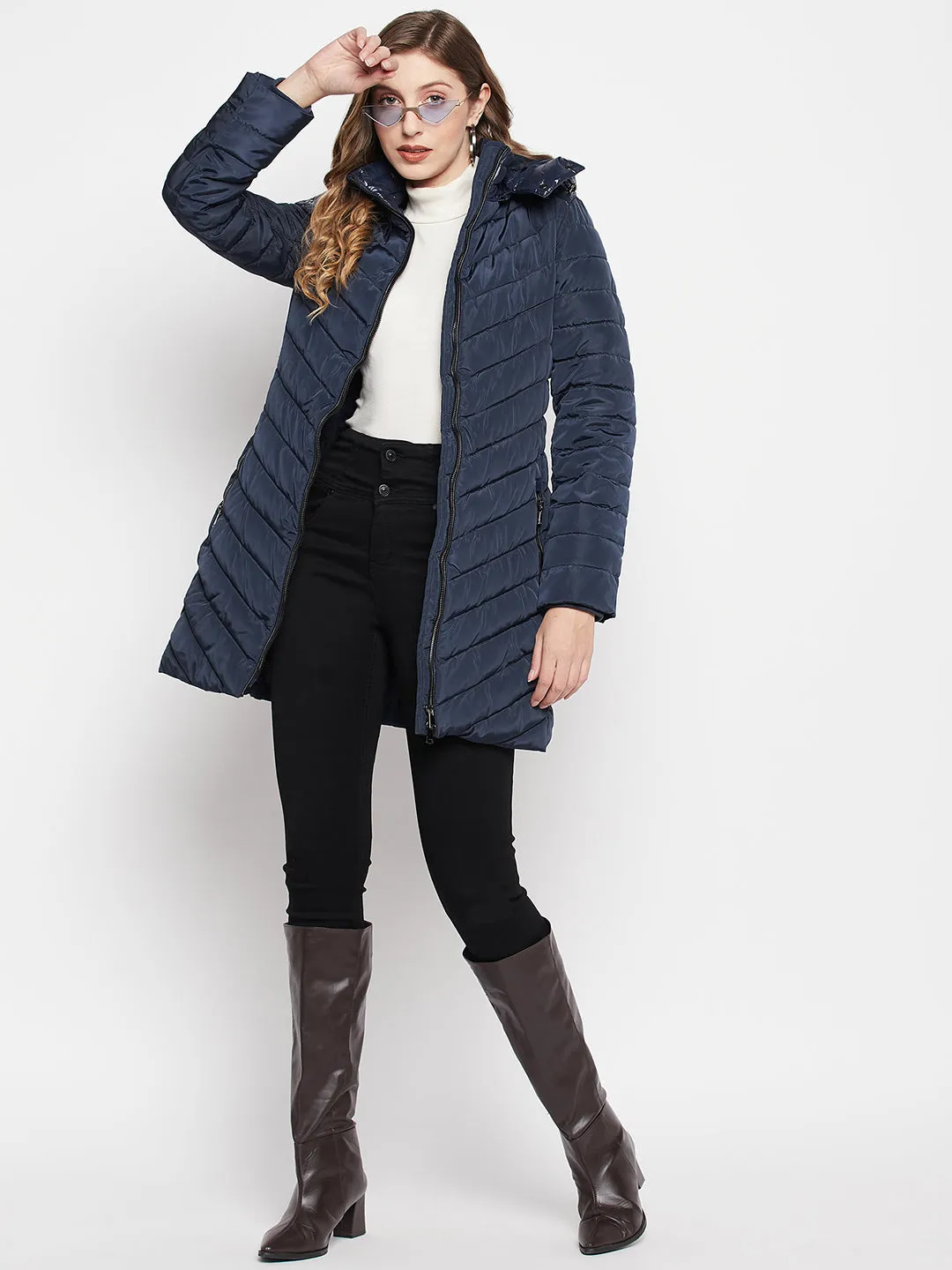 Madame Navy Blue Quilted Long Jacket