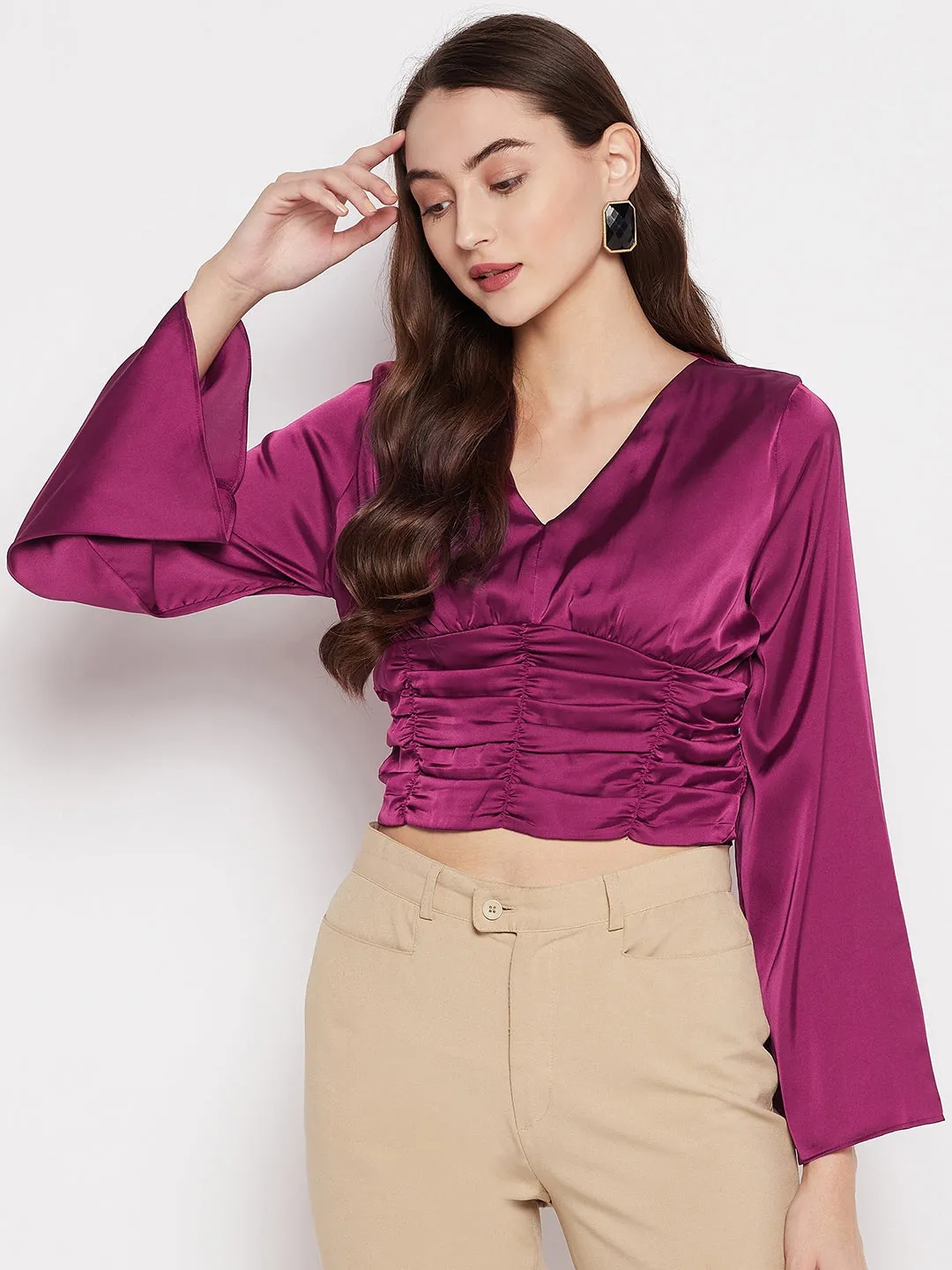 Madame Neck Gathered Solid Satin Crop Top