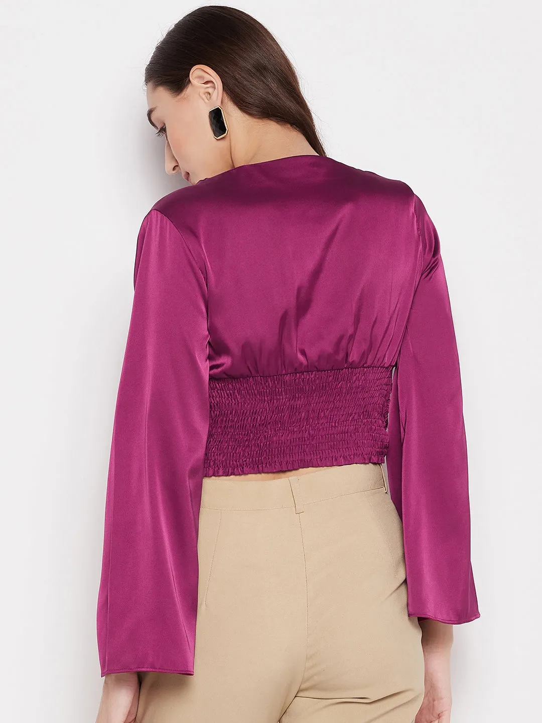 Madame Neck Gathered Solid Satin Crop Top