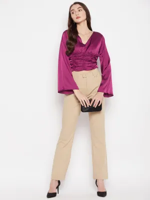 Madame Neck Gathered Solid Satin Crop Top