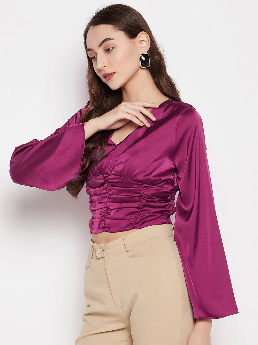 Madame Neck Gathered Solid Satin Crop Top