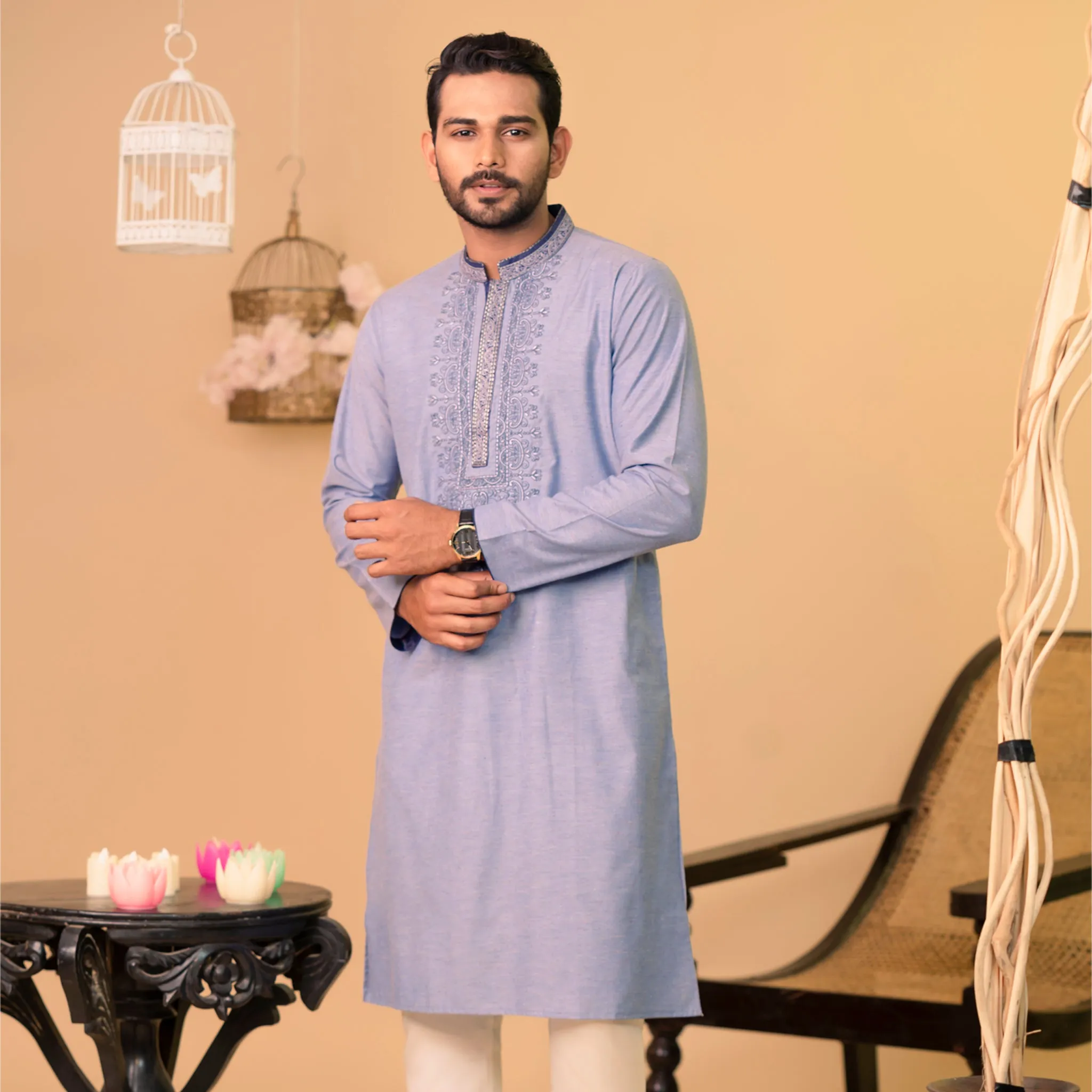 Mens Embroidery Panjabi-Blue-1