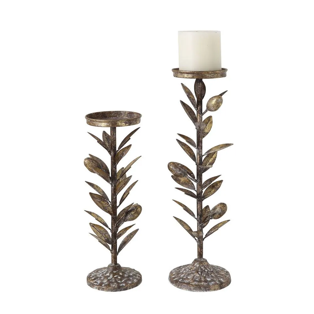 Metal Olive Branch Pillar Candle Holders | Two Sizes Available