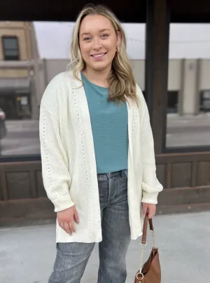 Mid Length Long Puff Slv Woven Cardigan Sweater w Side Slits