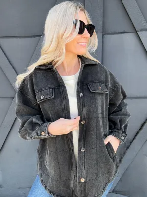 Mineral Wash Quilted Shacket In Black Charcoal