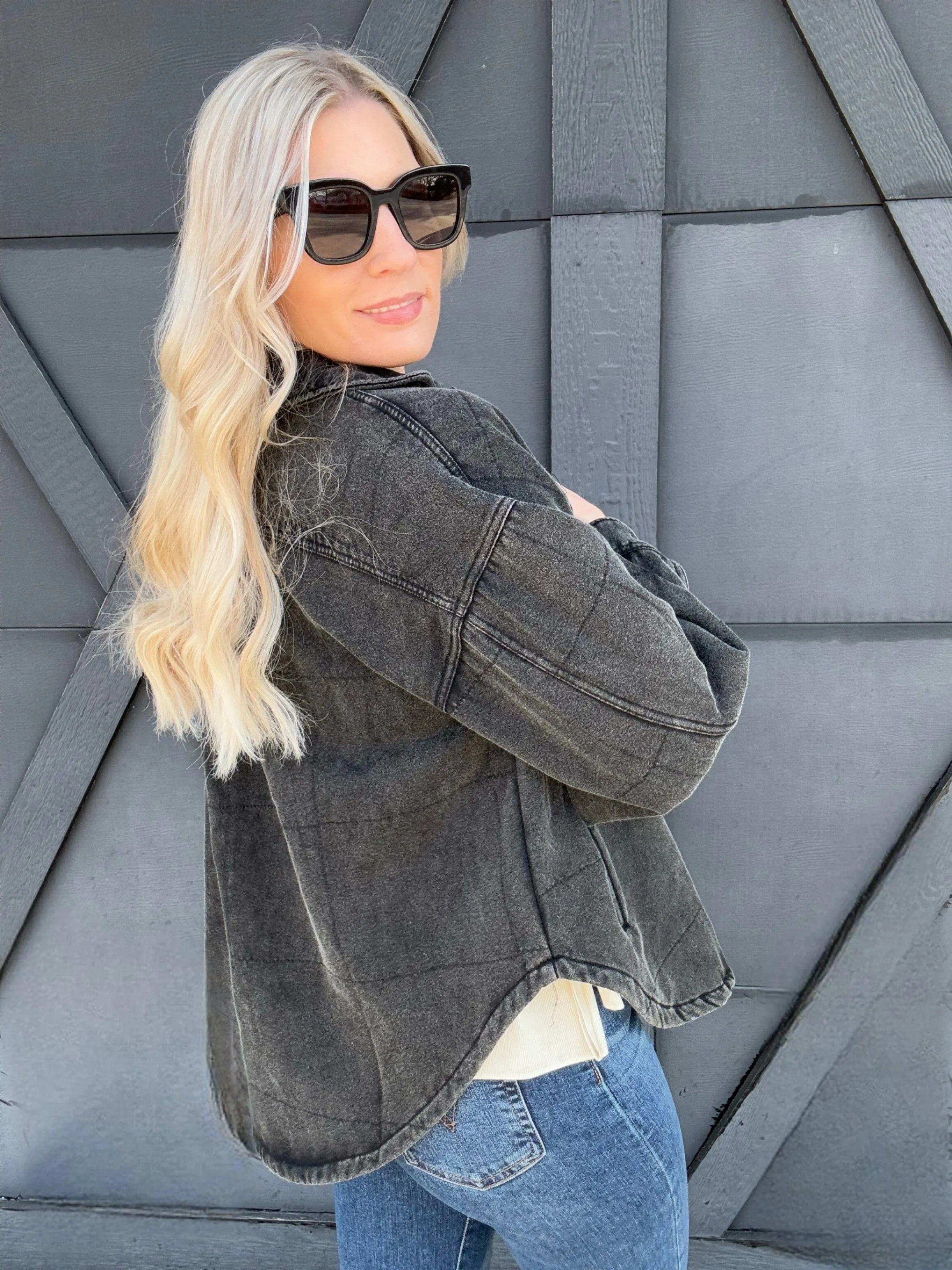 Mineral Wash Quilted Shacket In Black Charcoal