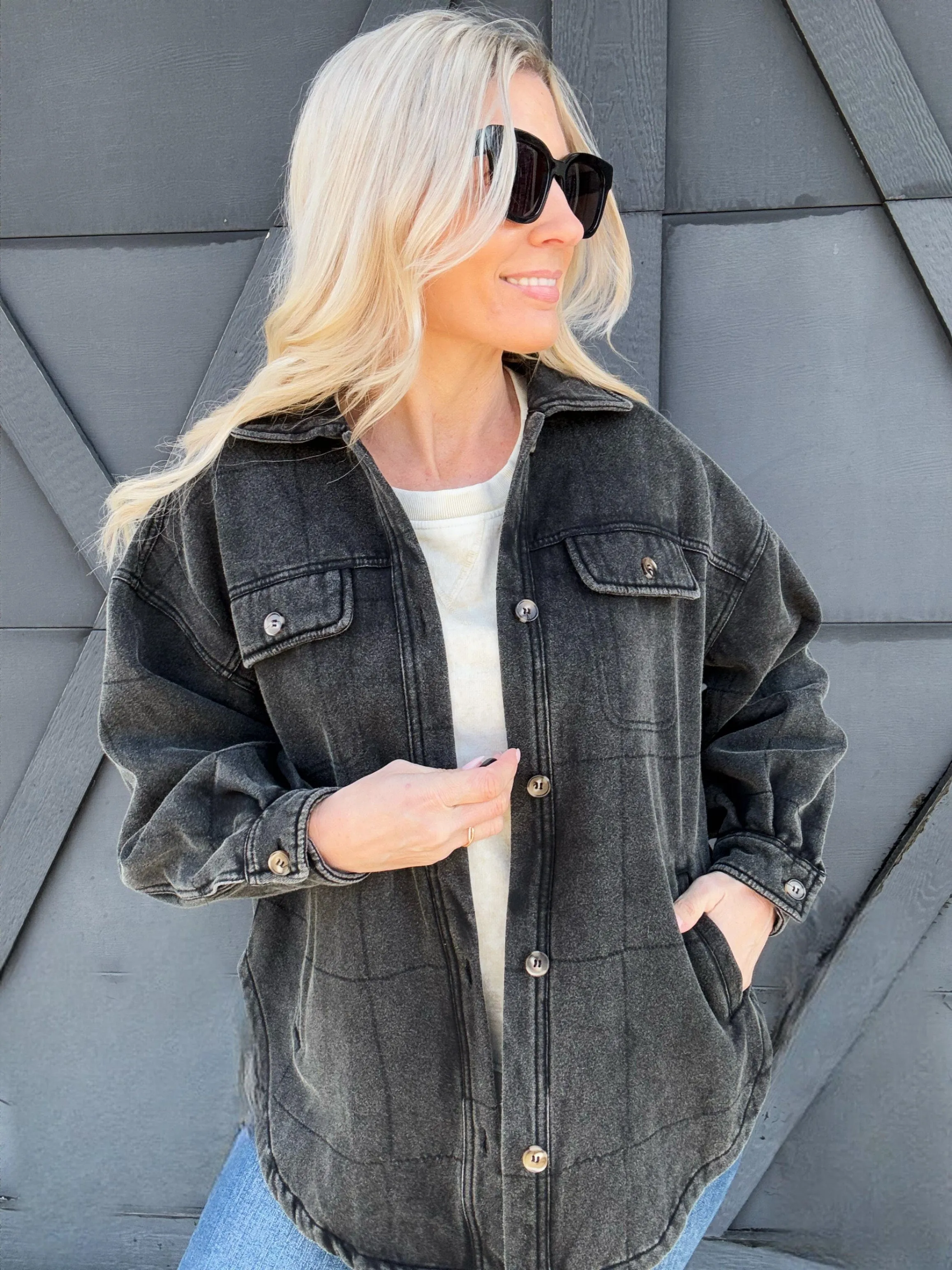 Mineral Wash Quilted Shacket In Black Charcoal