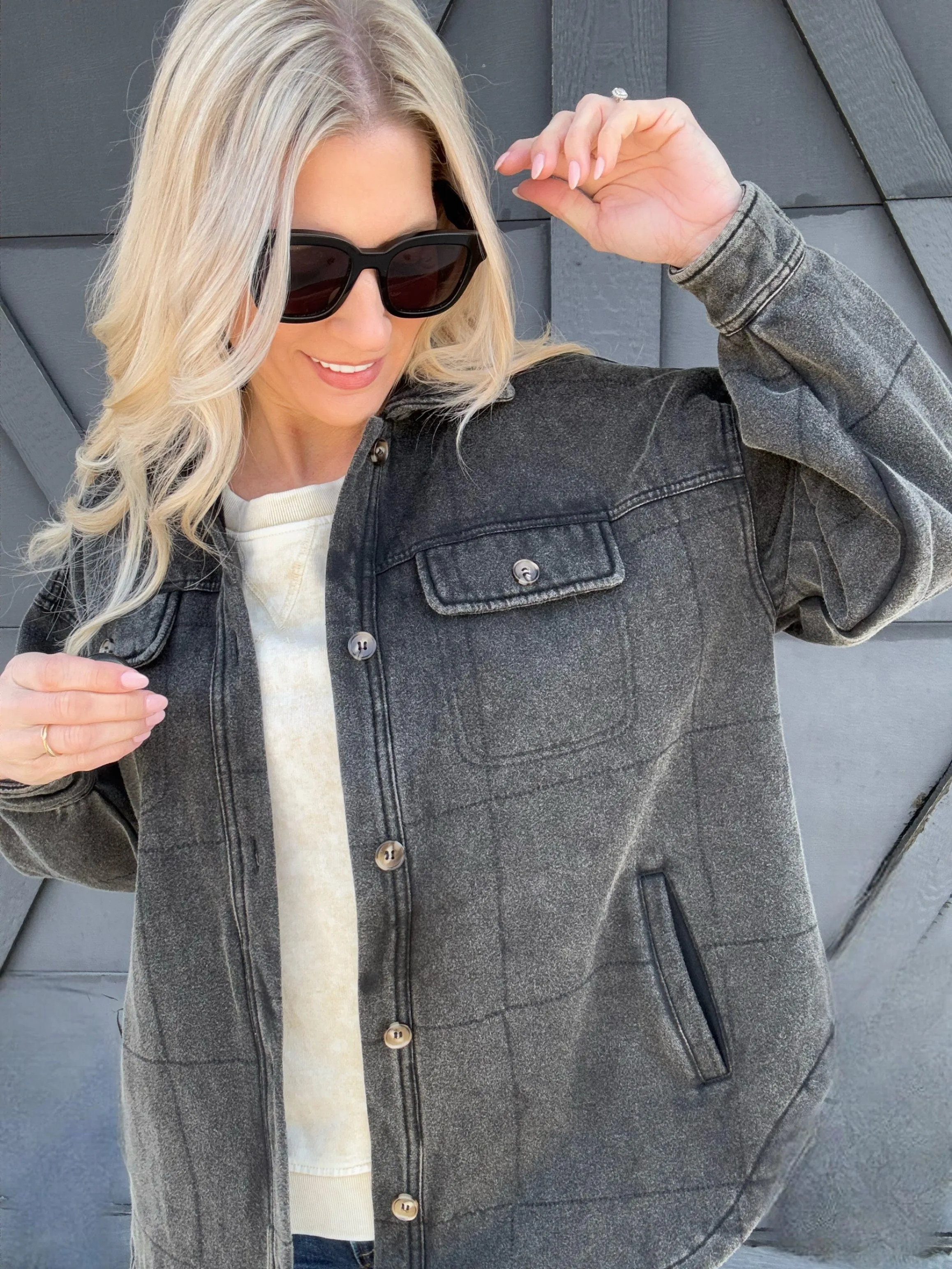 Mineral Wash Quilted Shacket In Black Charcoal