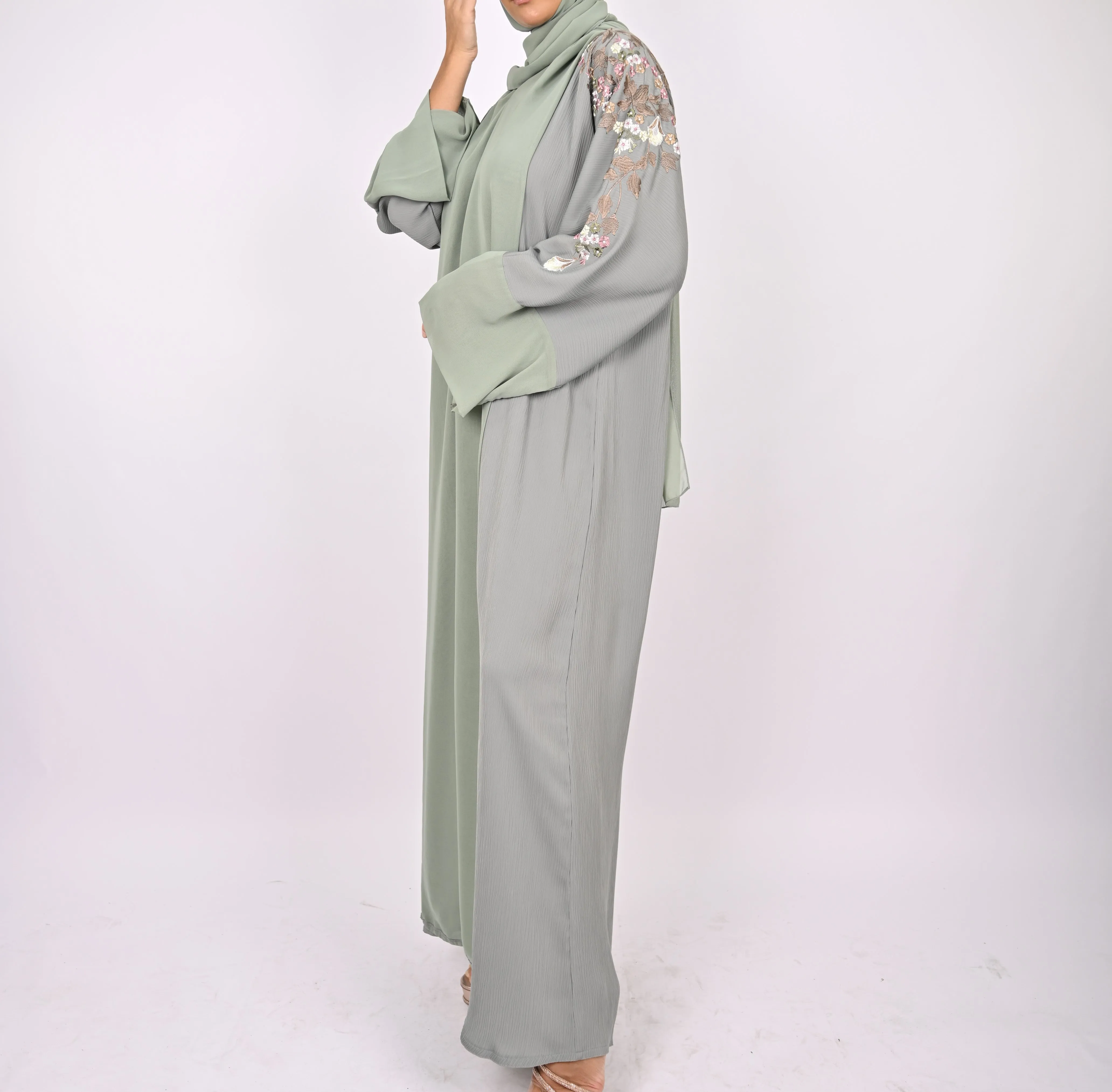 Mint Green Floral Embroidery Kimono