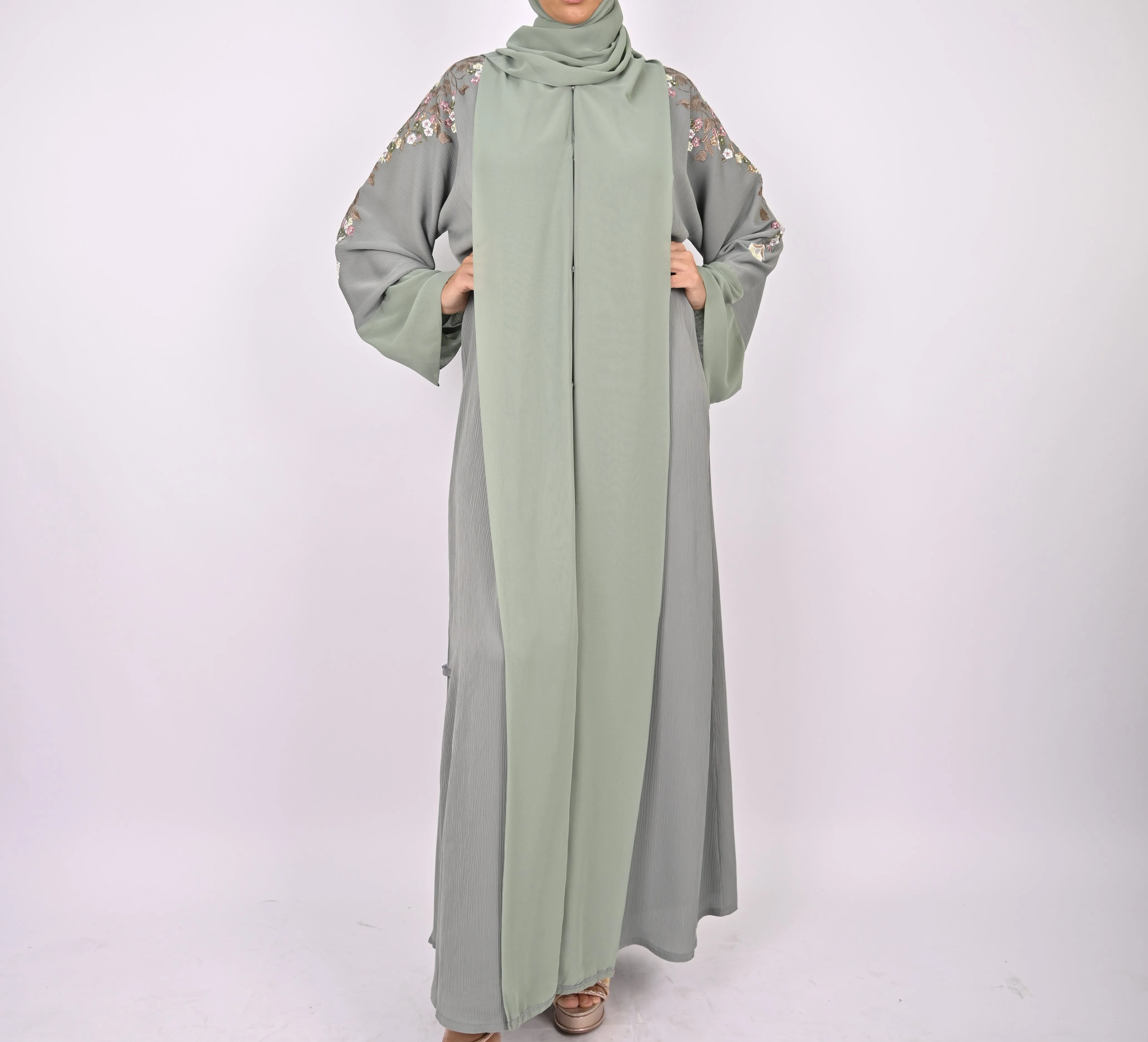 Mint Green Floral Embroidery Kimono