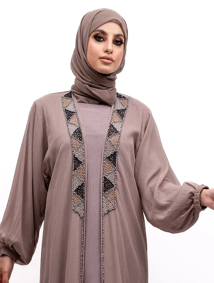 Mocha - Embellished Aztec Organza Abaya Set