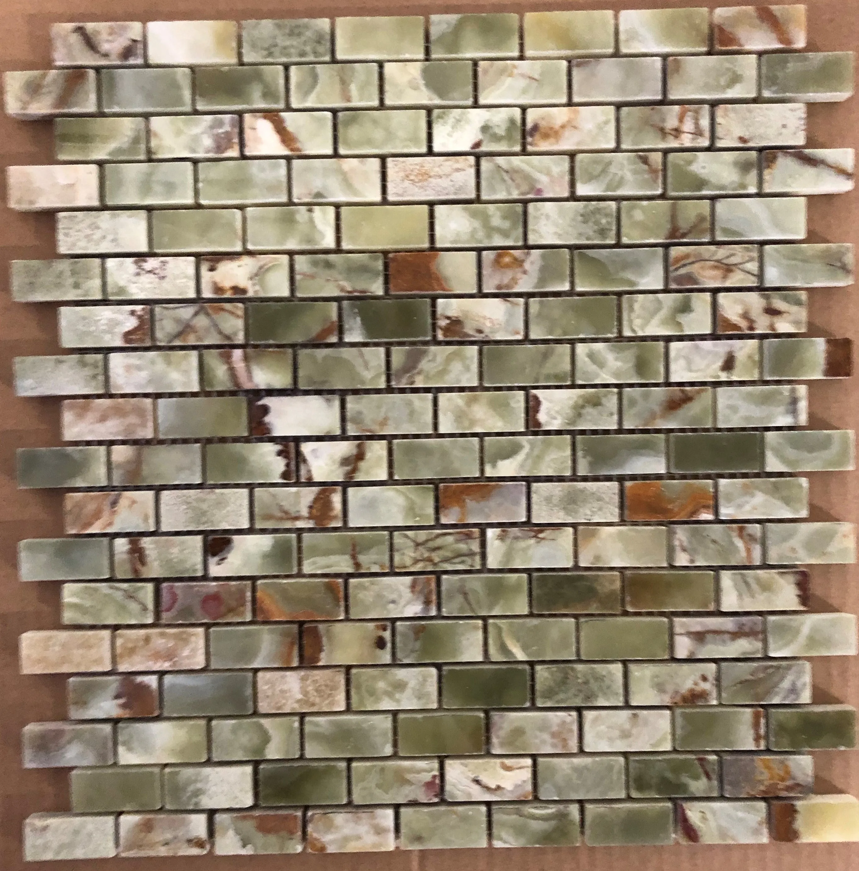 Multi Green Onyx Polished 5/8" X 1 1/8" Mini Brick Mosaic Tile on Mesh - Box of 5 sq. ft.