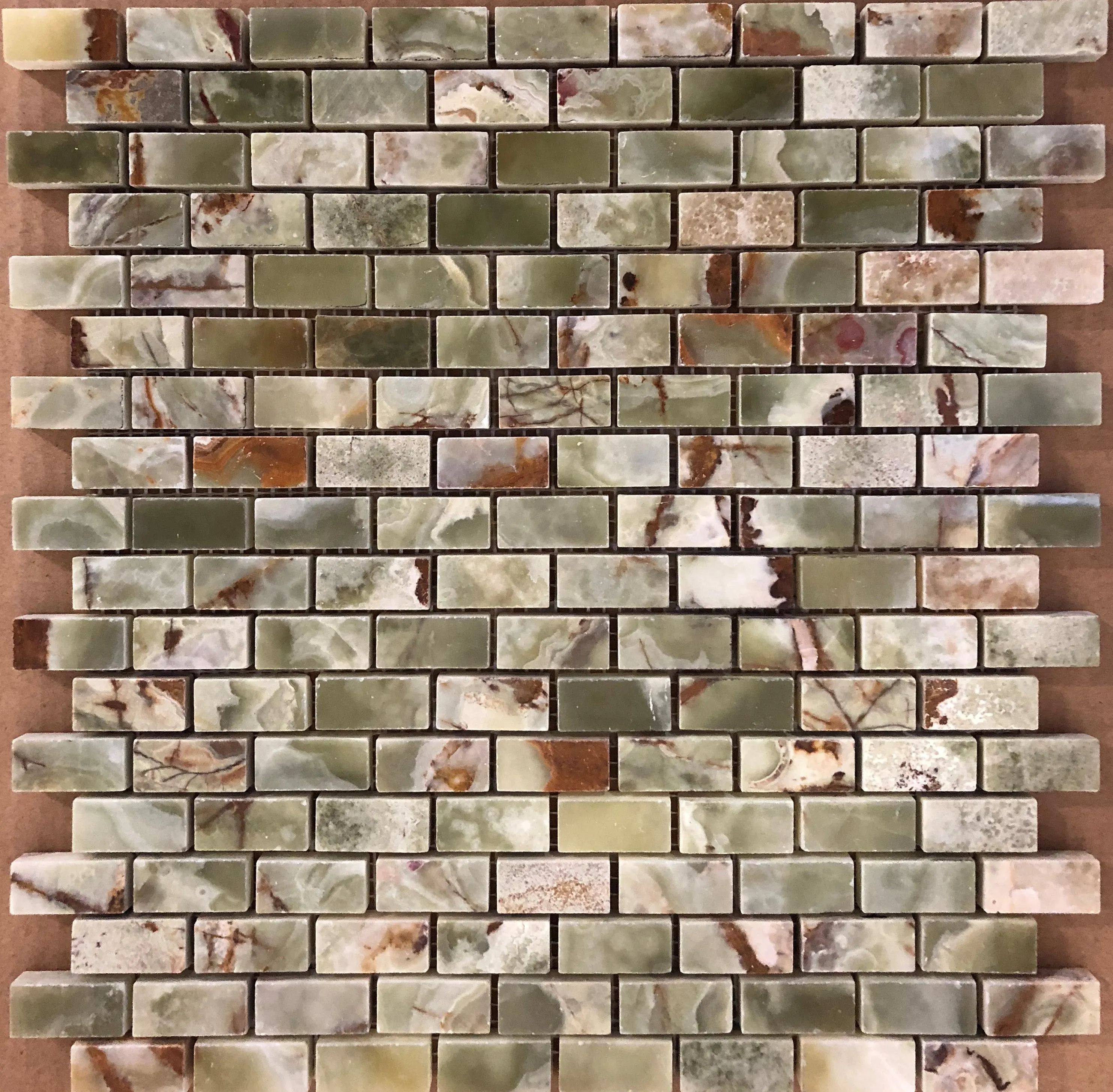 Multi Green Onyx Polished 5/8" X 1 1/8" Mini Brick Mosaic Tile on Mesh - Box of 5 sq. ft.