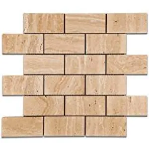 Mut Mocha Travertine 2 X 4 Brick Polished Mosaic Tile - 6" X 6" Sample