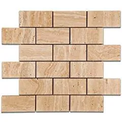 Mut Mocha Travertine 2 X 4 Brick Polished Mosaic Tile - 6" X 6" Sample