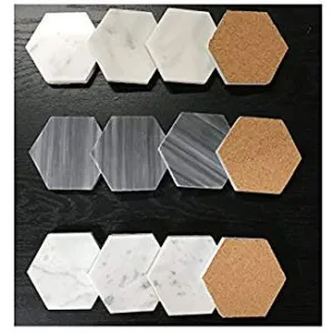 Natural Stone Real Italian Marble Hexagonal Coasters with Cork Backing (8, THASSOS WHITE)