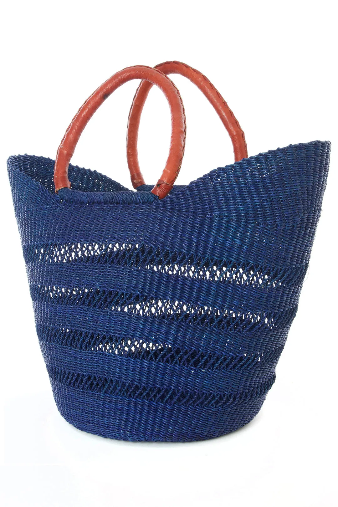 Navy Blue Ghanaian Lacework Wing Shopper with Leather Handles