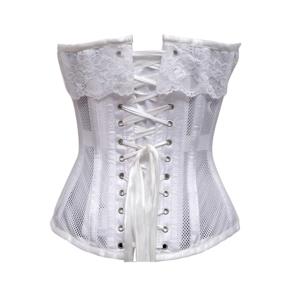 Nevis White Mesh & White Satin Lace Overbust Corset