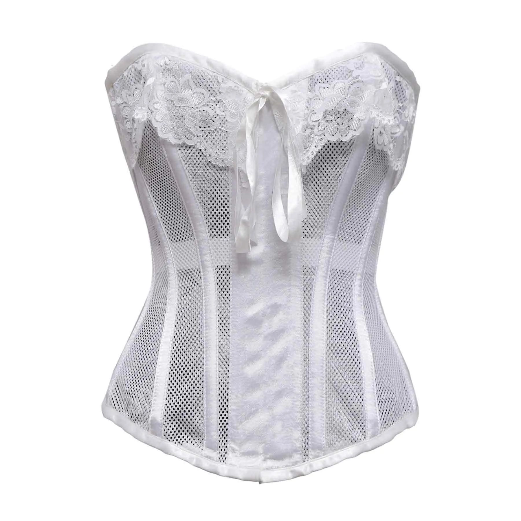Nevis White Mesh & White Satin Lace Overbust Corset