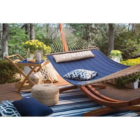 New in box! Hometrends Beach Navy/Unwind Quilted Hammock! Overall size 145.67L x 55W in, Stand not included.