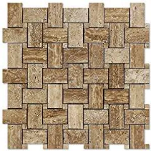 Noce Vein-Cut Travertine Basketweave Mosaic Tile, Polished (LOT of 5 SHEETS)
