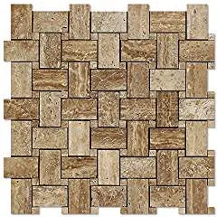 Noce Vein-Cut Travertine Basketweave Mosaic Tile, Polished (LOT of 5 SHEETS)
