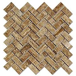 Noce Vein-Cut Travertine Herringbone (1 X 2) Mosaic Tile, Polished (LOT of 5 SHEETS)
