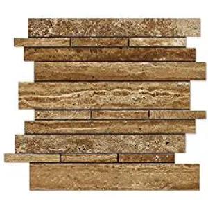 Noce Vein-Cut Travertine Random-Strip Mosaic Tile, Polished (LOT of 50 SHEETS)